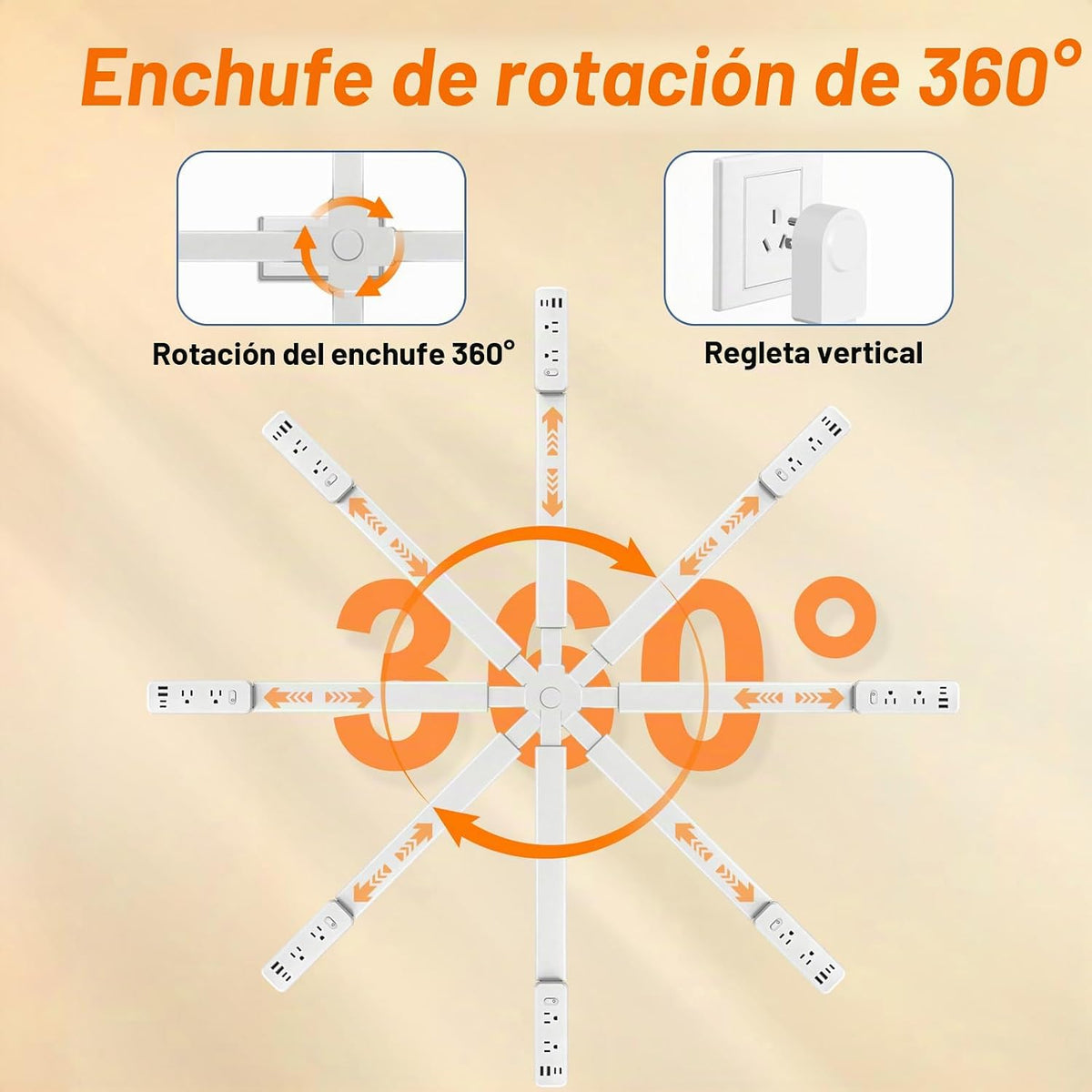 Extensor de tomacorriente: cuenta con 2 USB-A, 2 salidas USB-C y 6 salidas de CA, se extiende de 22 a 35 pulgadas, gira 360° de acceso de difícil acceso, enchufes de pared, mesitas de noche, sofás