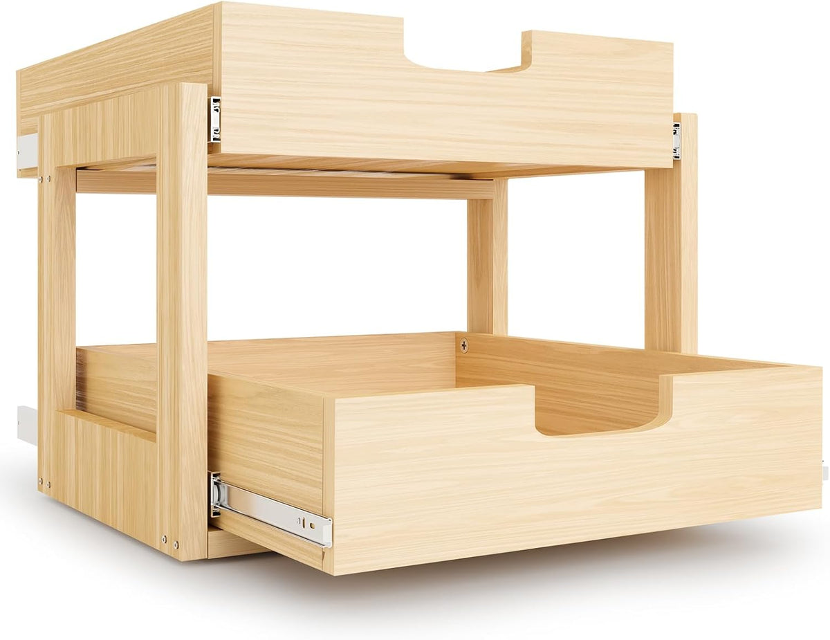 Organizador de gabinete extraíble, 17''A×21''P×16''A cajones extraíbles de madera con deslizamiento y cierre suave, organizador de gabinete de madera deslizable de doble nivel, para organización de