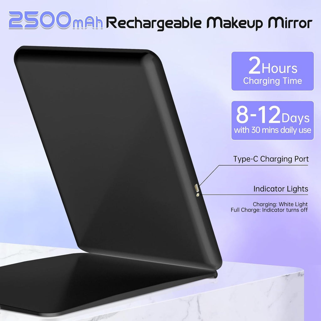 FUNTOUCH 2500mAh 10x7.5 Espejo de maquillaje de viaje grande portátil con