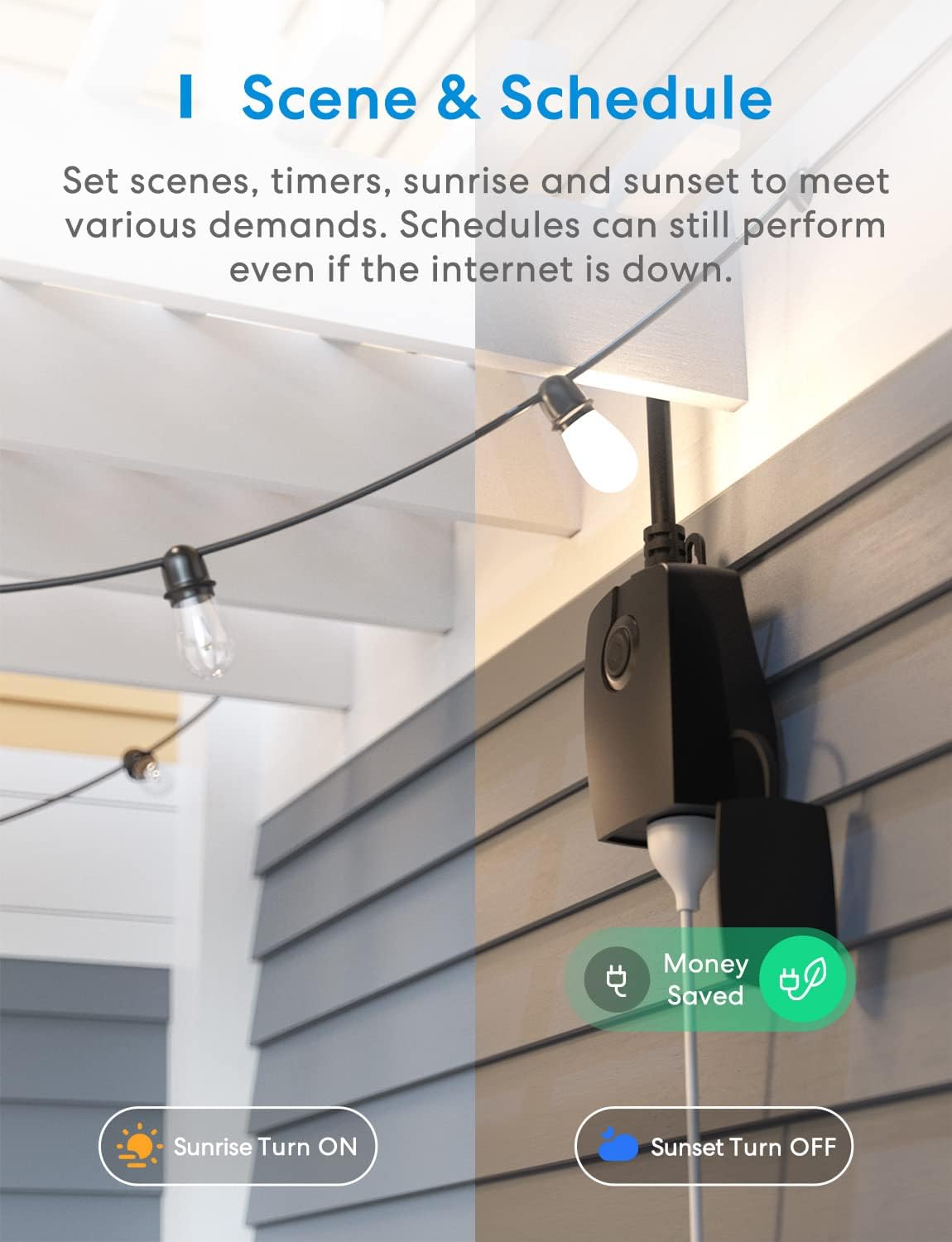 Lámpara meross Enchufe de atenuación para exteriores, enchufe inteligente para exteriores compatible con Apple HomeKit, Alexa, Google Home, atenuador para exteriores IP44 para lámparas de tira de luces, luces