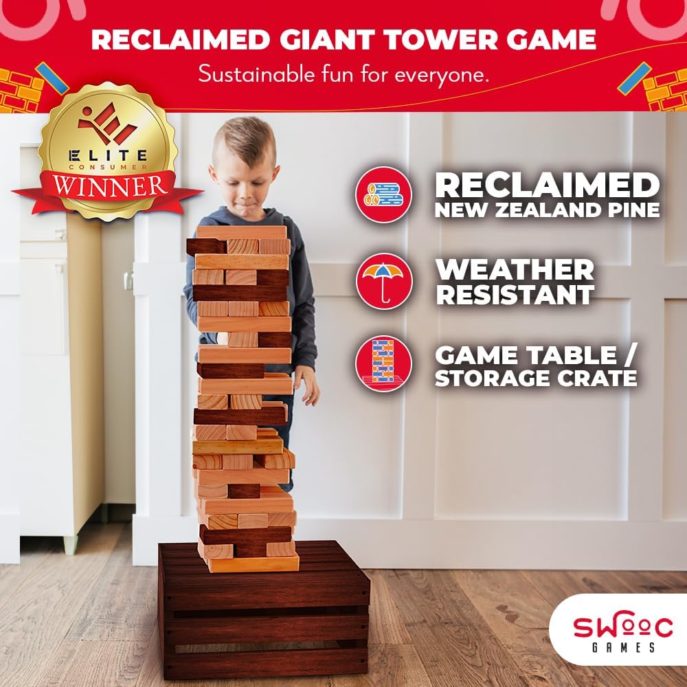 Swooc Games - Juego de torre gigante recuperada (resistente a la intemperie) 60 bloques + caja de almacenamiento/mesa de juego para exteriores | Se apila hasta 5 pies | Juegos gigantes al aire libre