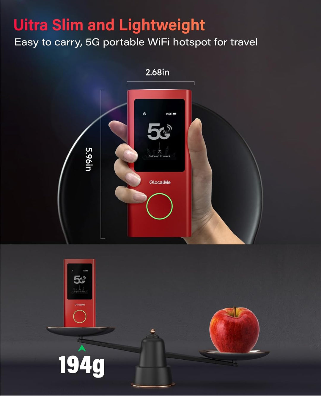 GlocalMe Red Numen Air 5G Punto de acceso móvil, punto de acceso Wi...