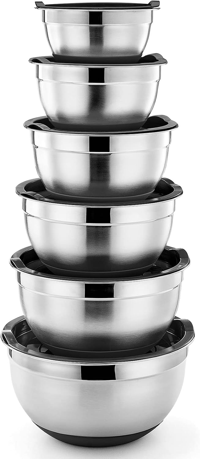 P&P CHEF Juego de 6 cuencos de acero inoxidable con tapas, color negro