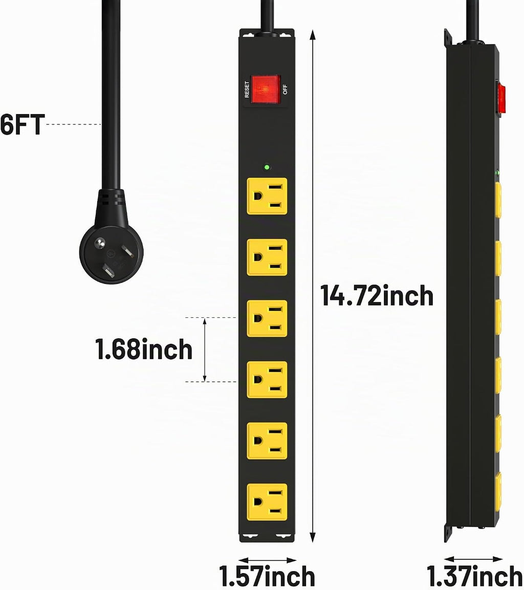 Tira de alimentación larga de metal resistente de 6 tomas, protector de sobretensiones de 2700J con disyuntor de 15 A, cable de extensión de 6 pies, montaje en pared para garaje, taller y uso