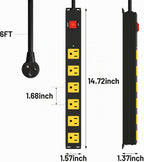 Tira de alimentación larga de metal resistente de 6 tomas, protector de sobretensiones de 2700J con disyuntor de 15 A, cable de extensión de 6 pies, montaje en pared para garaje, taller y uso