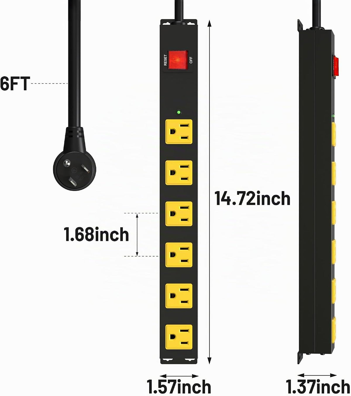 Tira de alimentación larga de metal resistente de 6 tomas, protector de sobretensiones de 2700J con disyuntor de 15 A, cable de extensión de 6 pies, montaje en pared para garaje, taller y uso