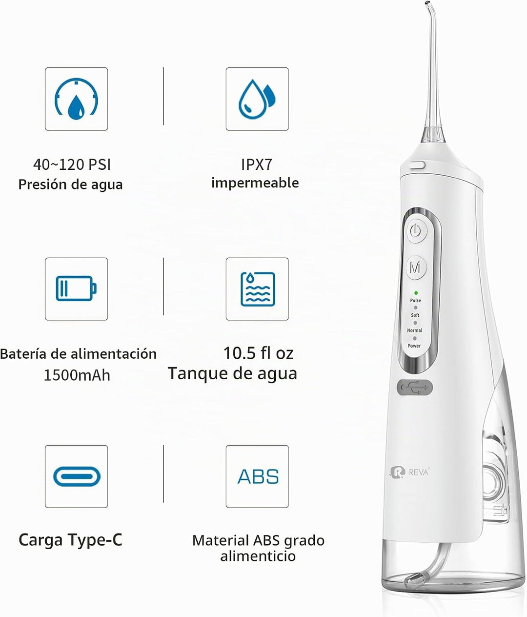 R REVA Irrigador dental inalámbrico para dientes, encías y aparatos...