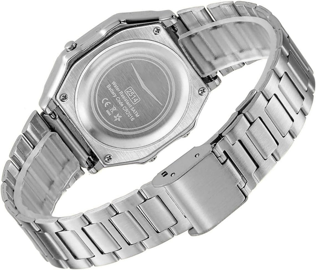 Reloj digital retro de acero inoxidable con banda de alarma, cronógrafo, luz LED, resistente al agua hasta 30 m, reloj de pulsera electrónico vintage para hombres y mujeres