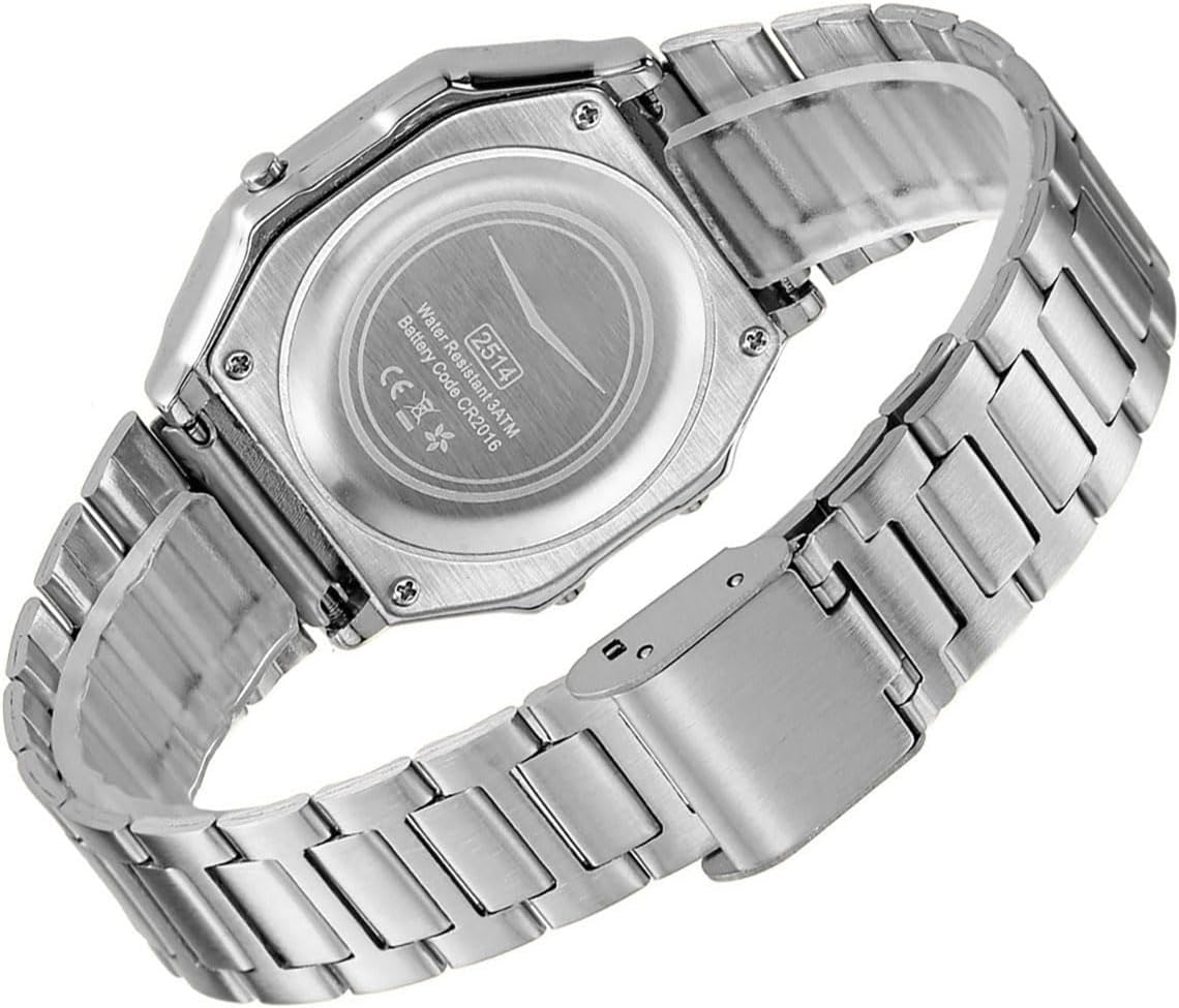 Reloj digital retro de acero inoxidable con banda de alarma, cronógrafo, luz LED, resistente al agua hasta 30 m, reloj de pulsera electrónico vintage para hombres y mujeres