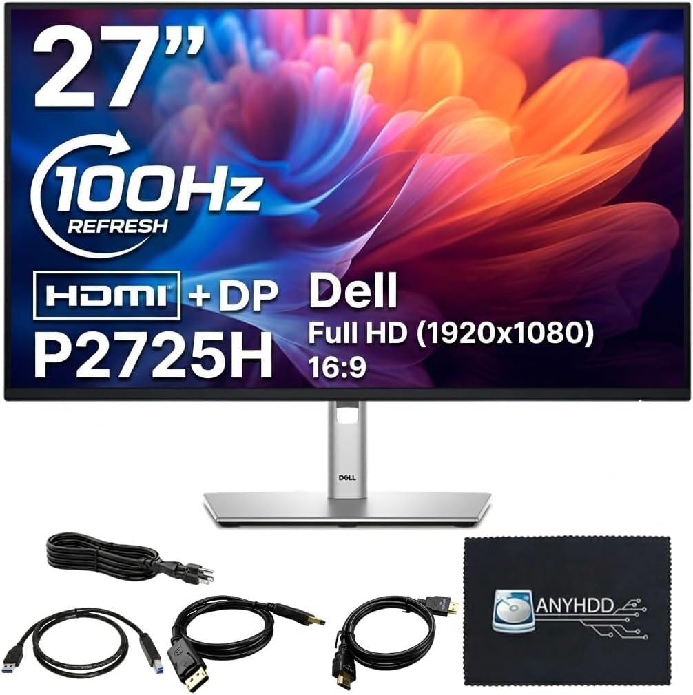 P2725H - Monitor Full HD de 27 pulgadas 1920 x 1080, paquete de pantalla de monitor de computadora con cable de alimentación USB 3.0, cable ascendente, DisplayPort + cables HDMI + paño