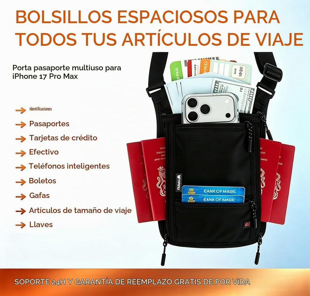 Cartera de cuello, bloqueo RFID, porta pasaporte oculto para viaje