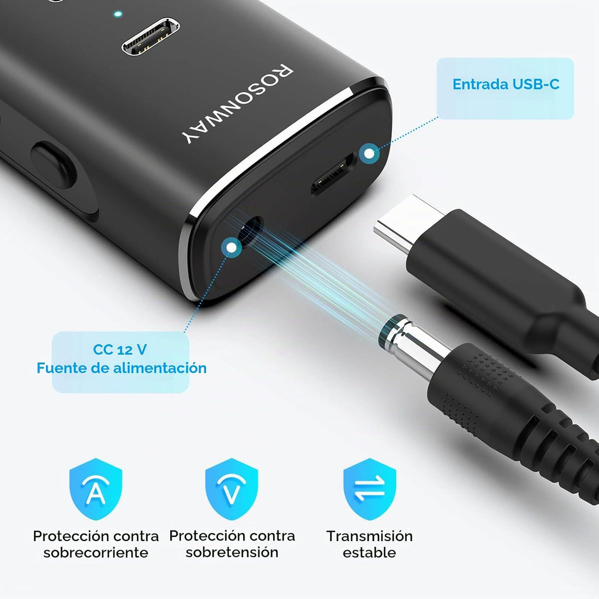 Rosonway, RSH-H7C4, hub USB 3.2 de 7 puertos, alimentado, adaptador 12V/3A