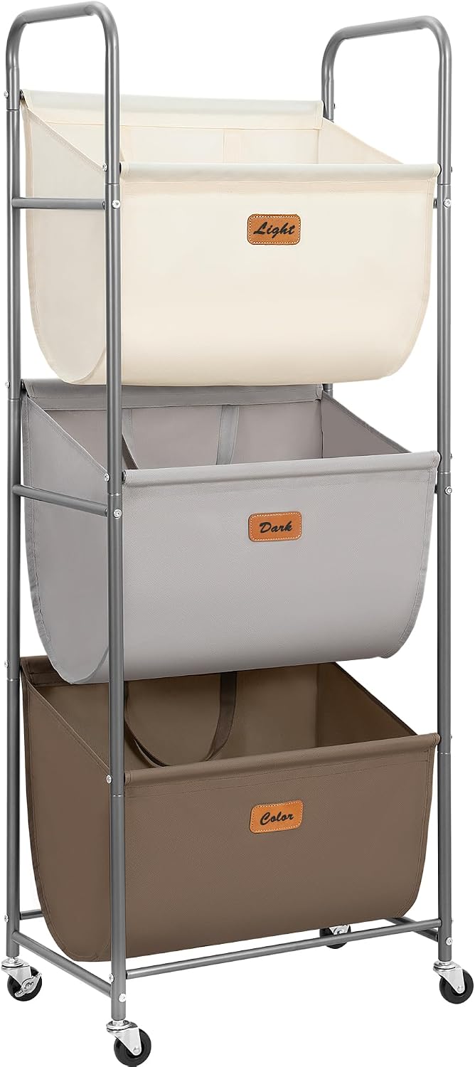 STORAGE MANIAC Cesta de lavandería rodante vertical de 120 litros, clasificador de ropa sucia de 3 secciones con ruedas y 2 frenos, cestas de lavandería de 3 niveles para espacio pequeño, dormitorio
