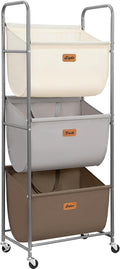 STORAGE MANIAC Cesta de lavandería rodante vertical de 120 litros, clasificador de ropa sucia de 3 secciones con ruedas y 2 frenos, cestas de lavandería de 3 niveles para espacio pequeño, dormitorio