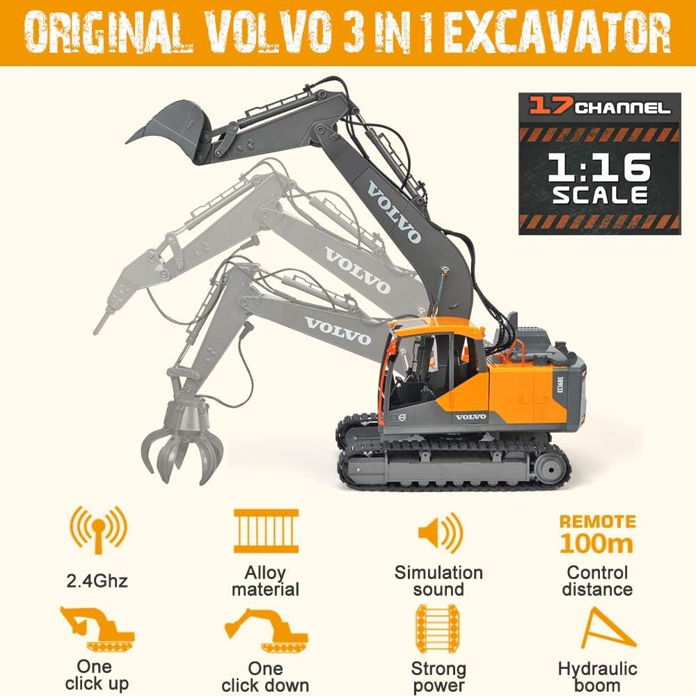 DOUBLE E Volvo Excavadora RC de 17 canales 3 en 1, juguetes de cons...