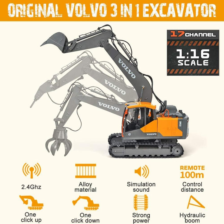 DOUBLE E Volvo Excavadora RC de 17 canales 3 en 1, juguetes de cons...