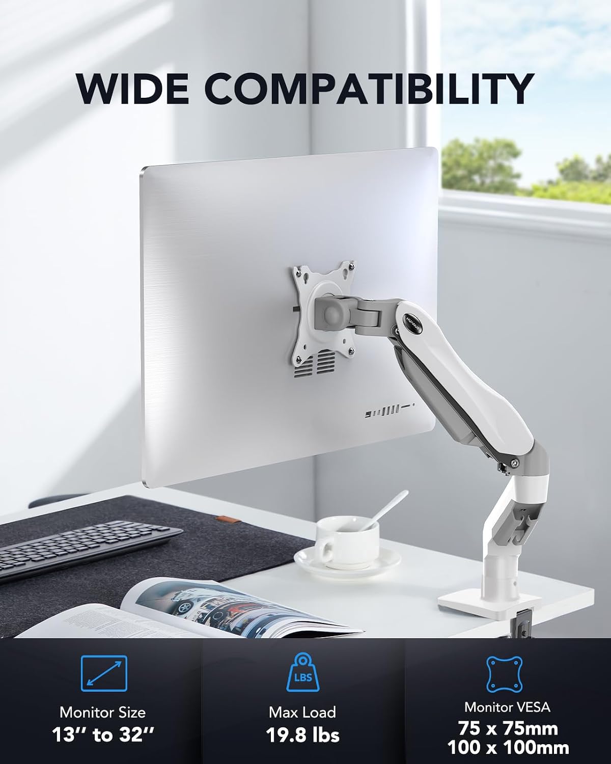HUANUO - Soporte de escritorio para monitor único, brazo de resorte de gas de 13 a 32 pulgadas, soporte ajustable, montaje VESA con abrazadera y base de ojales - Para monitores LCD de computadora de