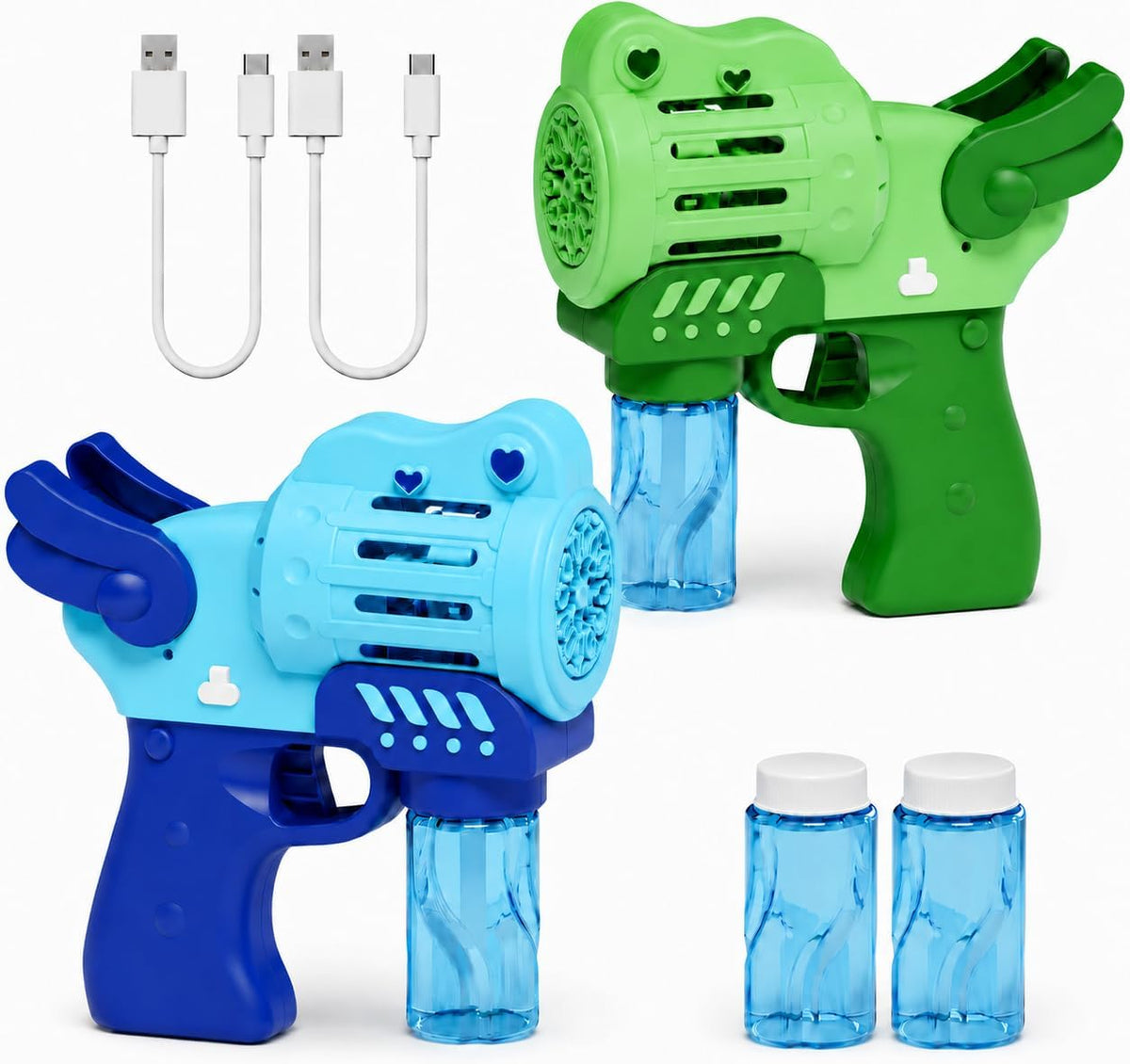 Paquete de 2 pistolas de burbujas recargables con solución de 4 botellas, pistolas sopladoras de burbujas con luces LED para niños pequeños de 3 a 12 años, juguete de verano, recuerdos de fiesta