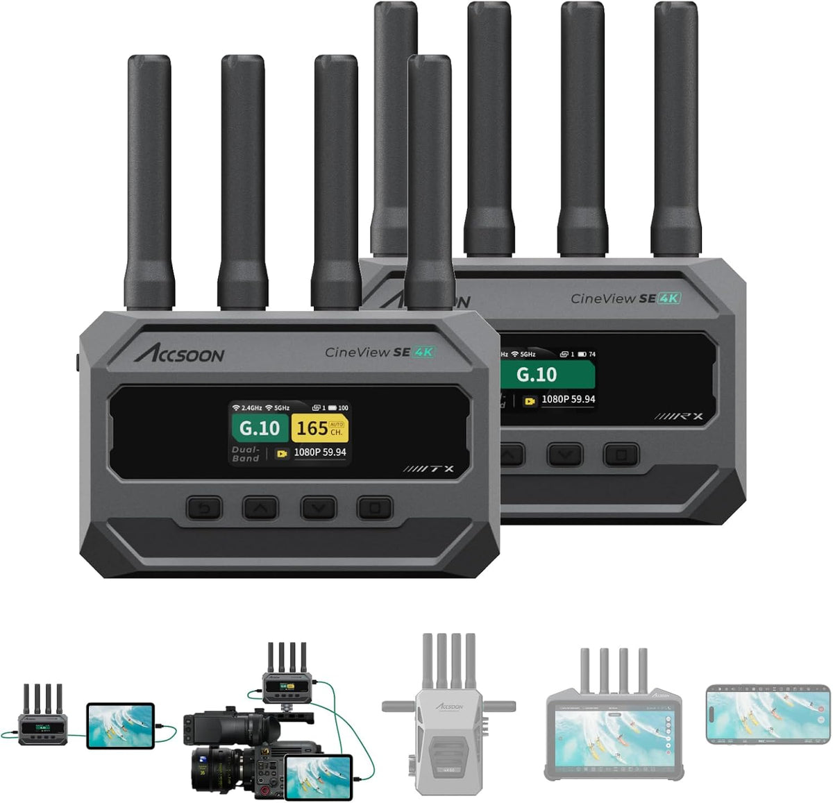 Accsoon CineView SE 4K Wireless SDI HDMI Transmisor y receptor de video, 4K30/1080P60 Control de cámara Sistema de transmisión de video, 1312 pies 50 ms Lat. USB +4 aplicaciones de monitoreo, par