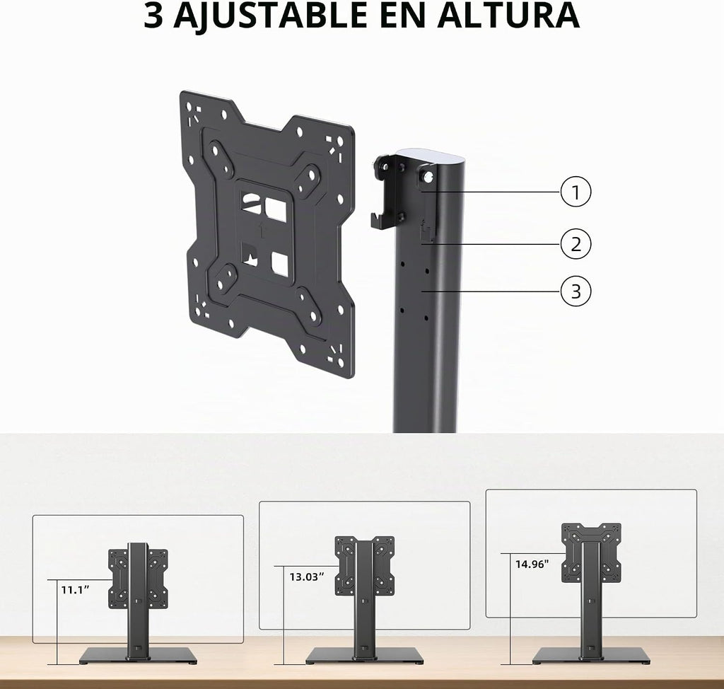 Soporte universal para TV, soporte de mesa para televisores LCD/LED de 17 a 43 pulgadas, soporte de monitor con altura ajustable con base de vidrio templado que soporta hasta 88 libras, VESA