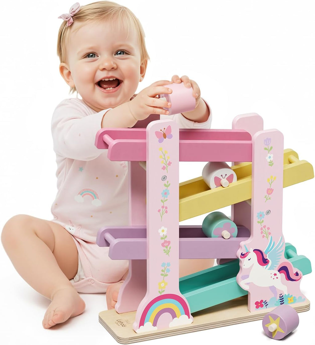 Lehoo Castle Unicorn Wooden Car Ramp Toy para 1 Year Old Girls