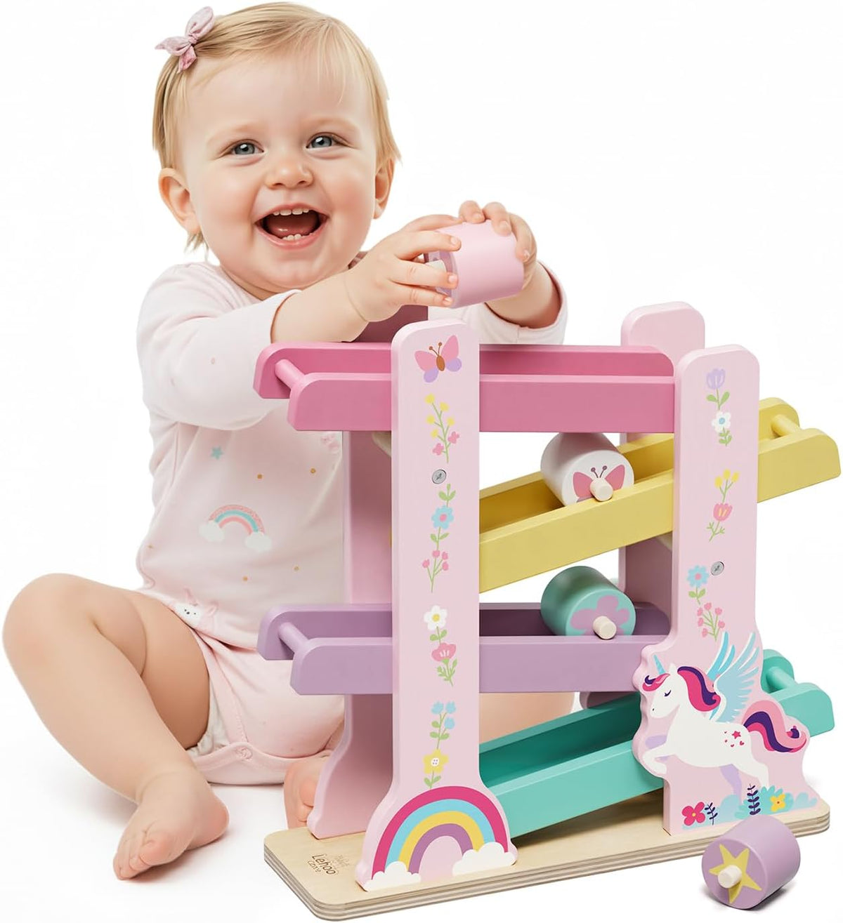 Lehoo Castle Unicorn Wooden Car Ramp Toy para 1 Year Old Girls
