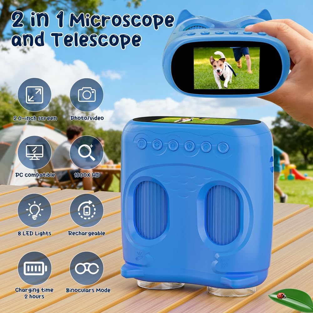 Microscopio digital 2 en 1 para niños, 2.0 pulgadas, 1000X, telescopio digital para niños, telescopio educativo portátil HD para regalo de cumpleaños de niños, juguetes divertidos de ciencia