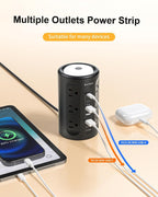 Torre de tira de alimentación AnnTane con luz nocturna, tira de alimentación con protector de sobretensiones y puertos USB, cable de extensión de 10 pies con múltiples tomas (12AC+3A+2C) para