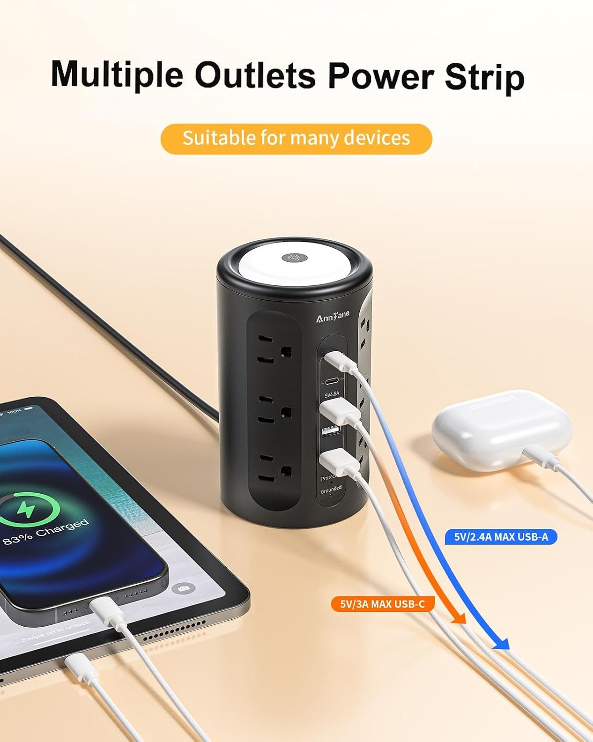 Torre de tira de alimentación AnnTane con luz nocturna, tira de alimentación con protector de sobretensiones y puertos USB, cable de extensión de 10 pies con múltiples tomas (12AC+3A+2C) para