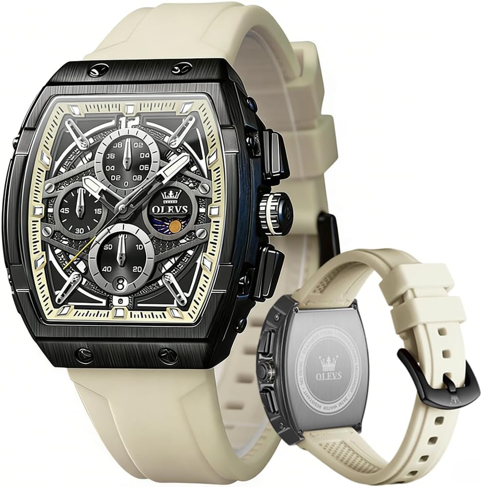 OLEVS Relojes para Hombre Casual Lujo Cara Grande Cronógrafo Multifuncional Relojes de Hombre Correa de Silicona/Nylon Duradera 3 ATM Resistente al Agua Reloj de Hombre Fecha Fase Lunar Reloj