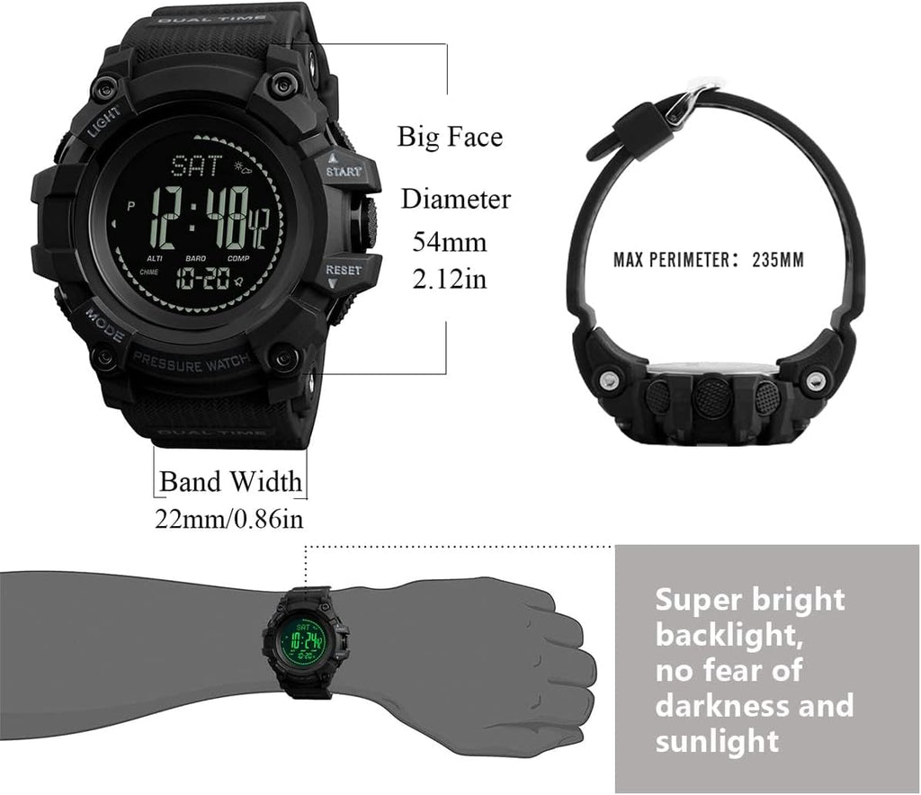 Reloj Digital al Aire Libre con Brújula, Altímetro, Barómetro, termómetro, Pedometro, a prueba de agua, para Deportes Extremos, Hombre