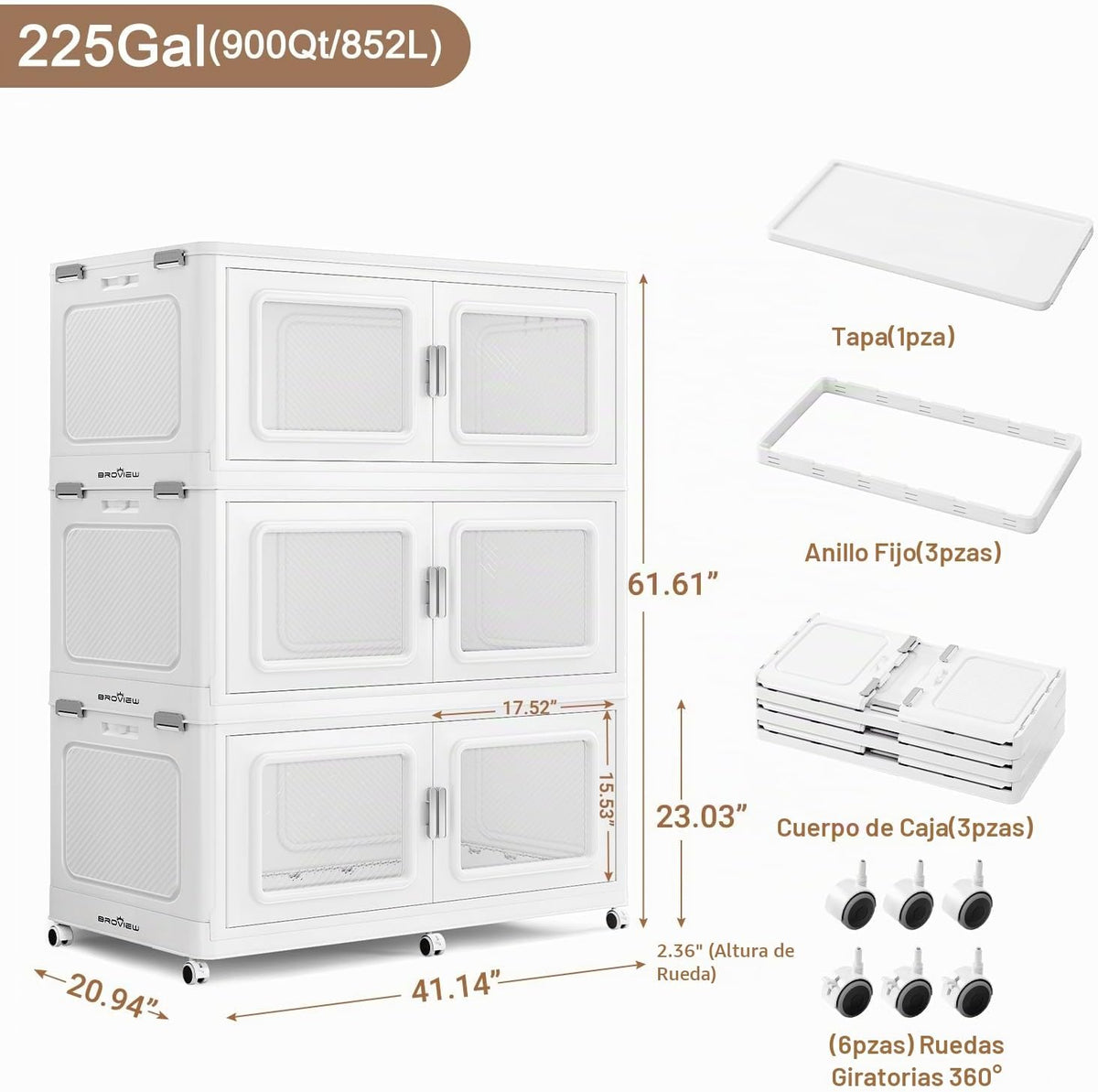 BROVIEW - Contenedor apilable extra grande de 900 cuartos de galón con 1