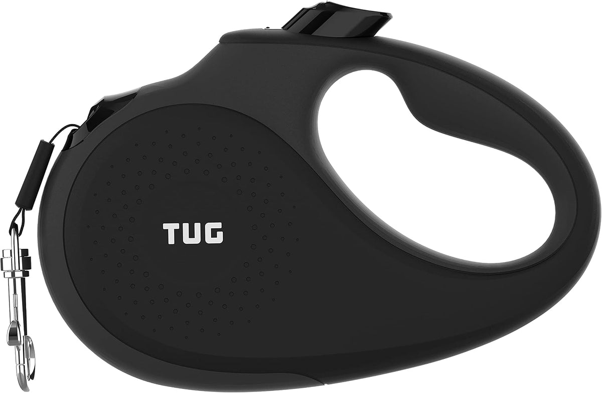 TUG - Correa retráctil 360º para perros, libre de enredos, mango antideslizante, nailon resistente de 16 pies, freno de una sola mano, pausa y bloqueo (mediano, negro/gris)