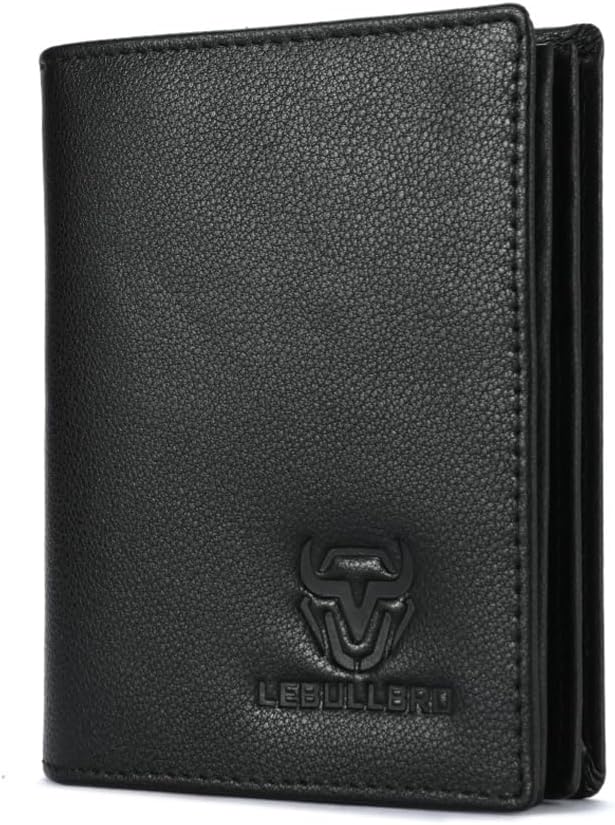 LEBULLBRO Billetera de cuero para hombre, billetera plegable con bl...