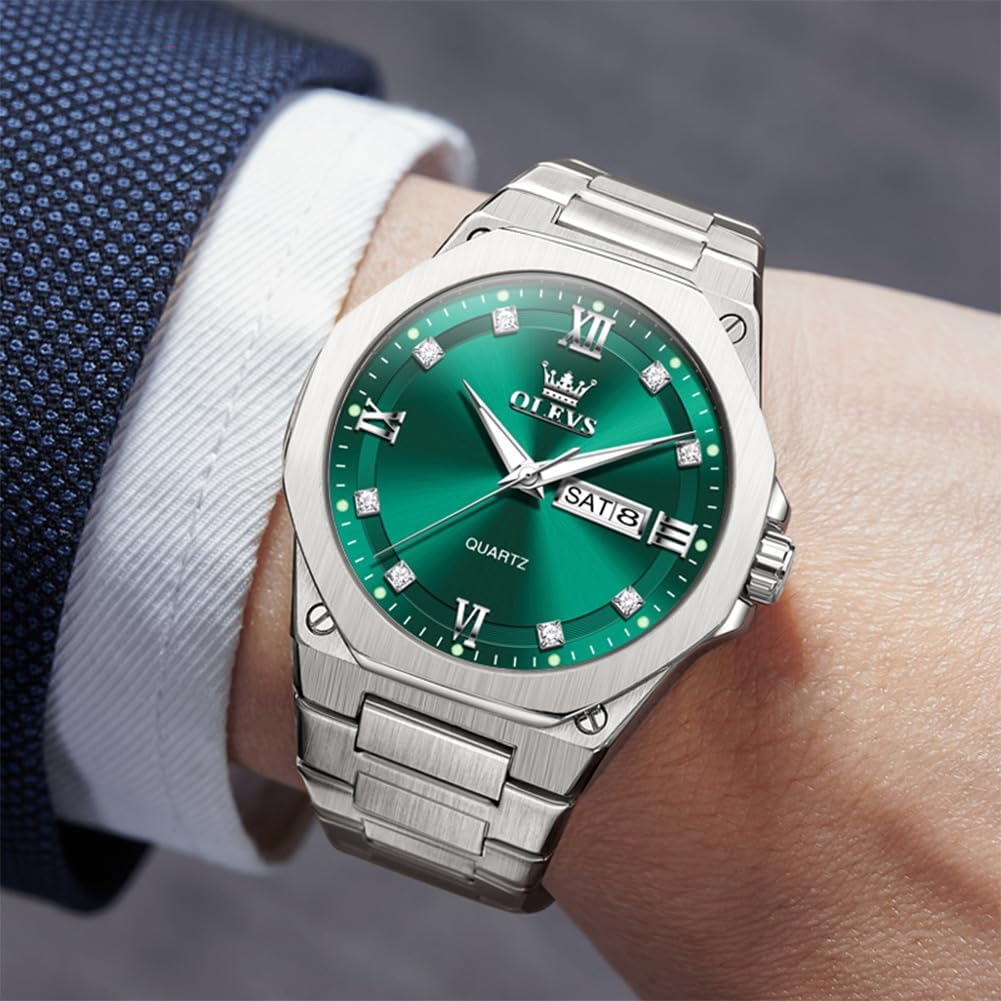OLEVS Reloj de cuarzo octogonal de acero inoxidable para hombre, resistente al agua, para negocios, casual, de vestir, reloj de pulsera de lujo con diamantes luminosos para el día y fecha, regalo para