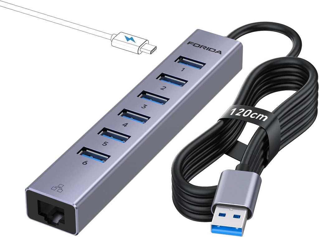 FORIDA, hub USB 8 de 7 puertos, con puerto de carga inteligente, adaptador 5V/3A