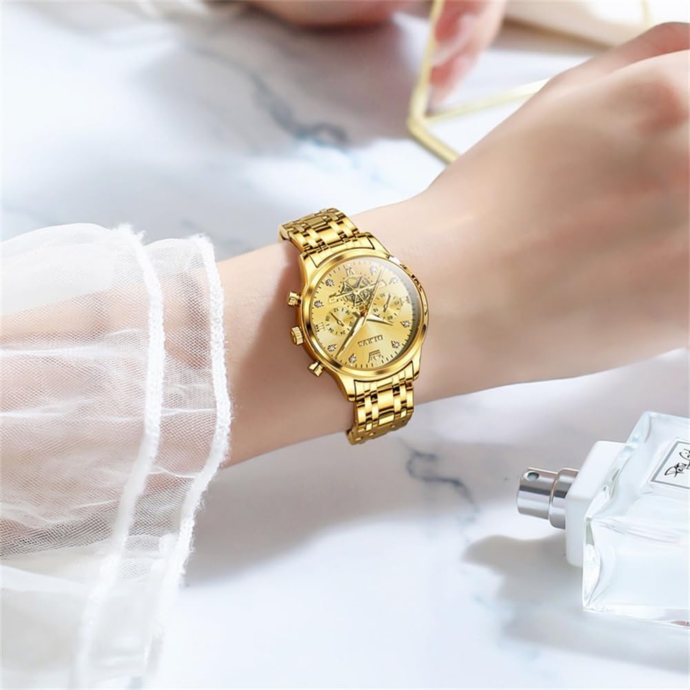OLEVS Relojes para mujeres de negocios, con diamante, pulsera de acero inoxidable, fecha, impermeable, tono bicolor para mujer