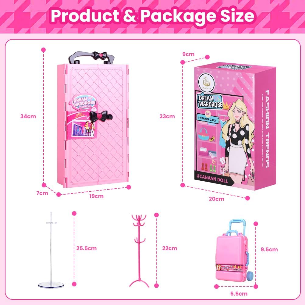 UCanaan Conjunto de muñeca y armario para niña con ropa y accesorio...