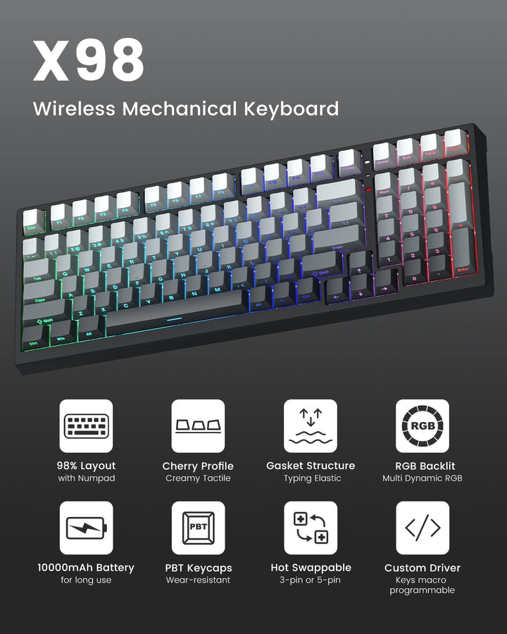Keyporia X98 Wireless Mechanical Keyboard, RGB Backlit Custom Gamin...