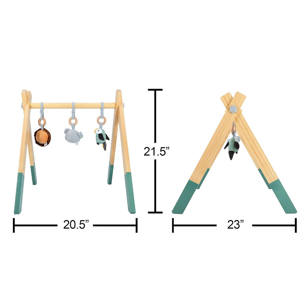 Nuby Animal Adventures - Gimnasio de madera para bebés con juguetes colgantes, soporta el desarrollo temprano del bebé, fácil de plegar para almacenamiento y viajes