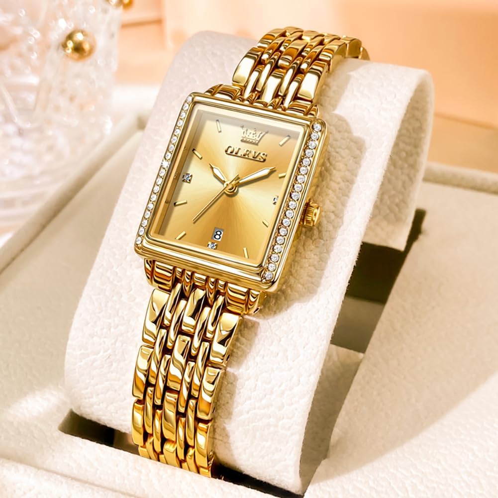 OLEVS Reloj de mujer de oro de acero inoxidable, reloj de cara cuadrada pequeña con decoración de diamantes, reloj de vestir de cuarzo analógico de lujo para mujer, reloj de pulsera impermeable con