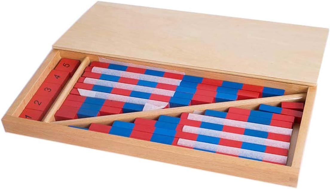 YHZAN Montessori Mathematics Material – Varillas numéricas pequeñas con número de fichas Orden de Número y Quanlity Aprendizaje Color Rojo Azul con Caja de Madera Versión Familiar