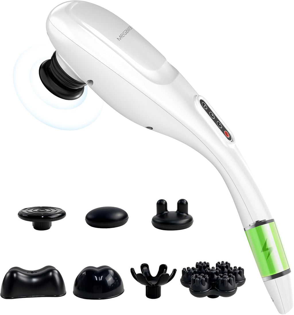 MEGAWISE Masajeador inalámbrico para espalda, hombros, cintura, piernas, batería recargable de 3200mAh, 5 velocidades y 5 +2 nodos de masaje 5 nodos duros, 2 nodos de silicona, masaje mientras se