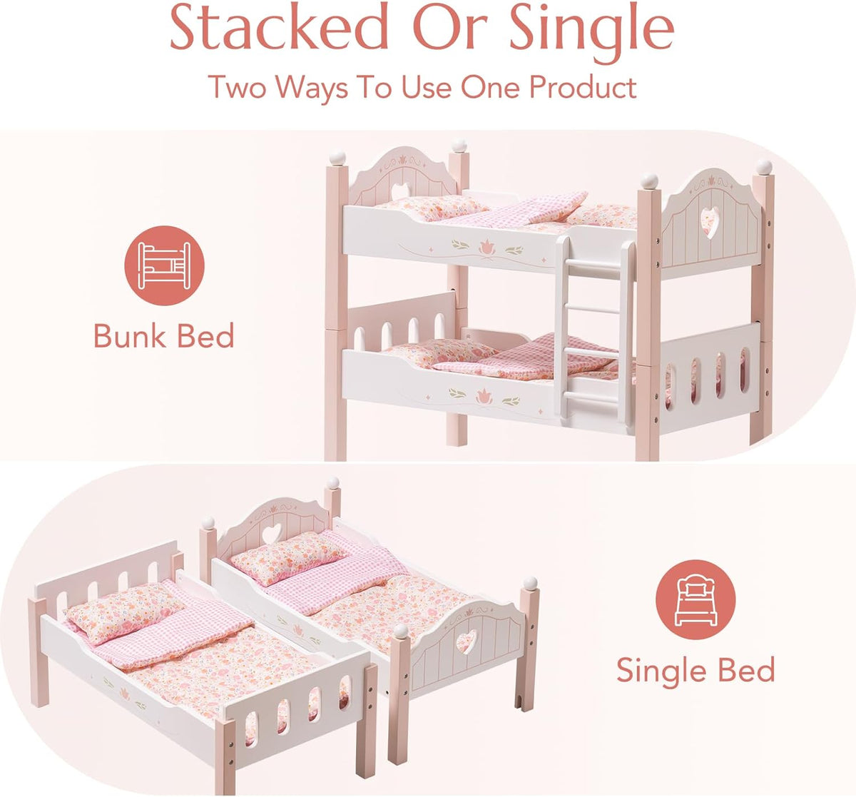 ROBUD Cuna para muñeca bebé, camas de madera para muñecas bebé de 20 pulgadas, literas para muñecas bebé con tul, cama para muñeca American Girl para regalos, rosa
