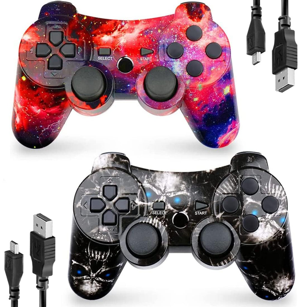 CHENGDAO Controlador para PS3, paquete de 2 controladores inalámbricos para Playstaion 3 de 6 ejes con doble virbración de alto rendimiento, control de movimiento, cable de carga USB (calavera +