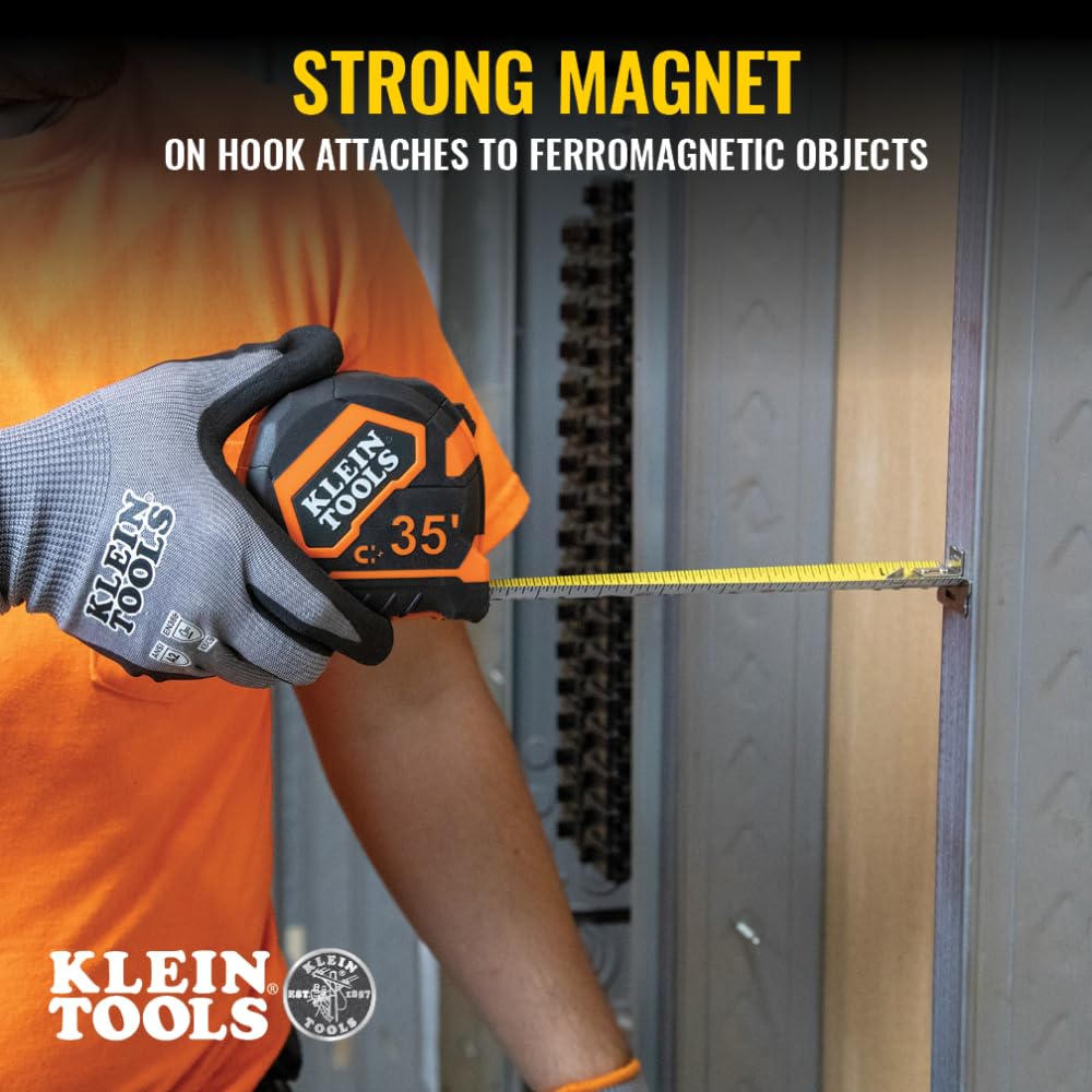 Klein Tools Cinta métrica 9235, cinta métrica magnética resistente con hoja reforzada de nailon de doble cara de doble gancho de 35 pies, con clip de cinturón de metal