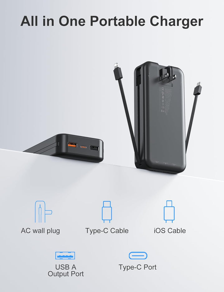 aonidi Cargador ultraportátil de 20000 mAh PD20W con cables integra...