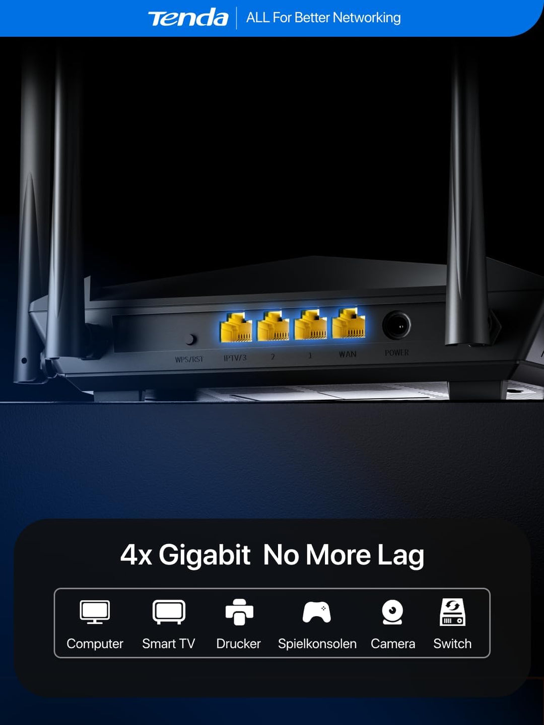 Tenda Enrutador WiFi inalámbrico Gigabit de doble banda AC1200, 4 p...
