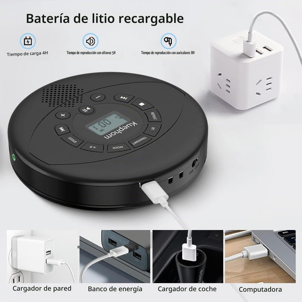 Reproductor de CD portátil con altavoz y auriculares
