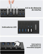 AGEEN, MKI-1200800C8, hub USB 3.2 de 16 puertos, alimentado, adaptador 12V/8A